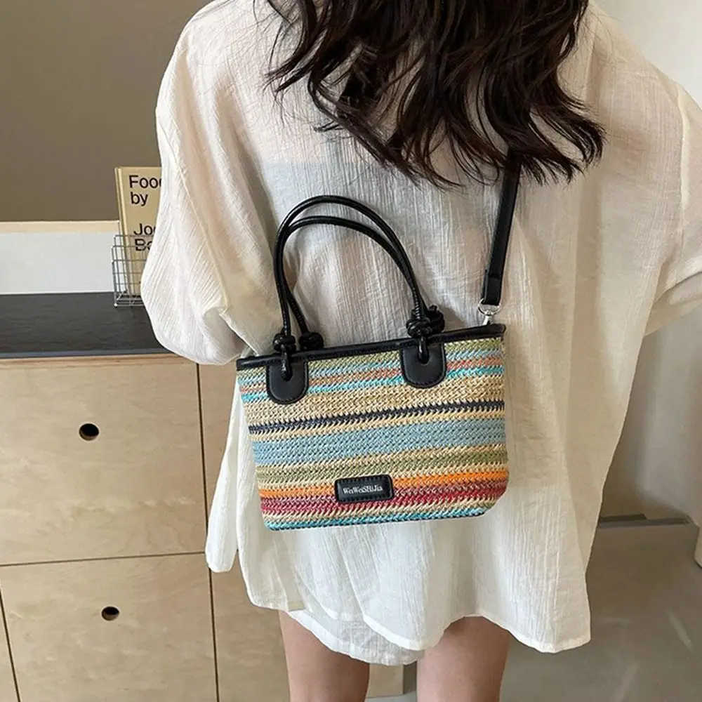 

Shoulder Bag Weave Straw Bag Crossbody Bag Vegetable Basket Beach Bag Large Capacity Hollow Out Rainbow Color Handbag Holiday