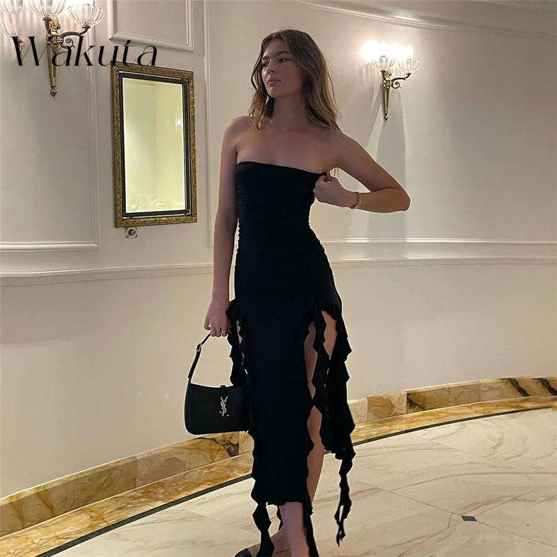 Wakuta malha verão maxi vestido feminino elegante preto moda sem mangas magro sem costas irregular borla vestidos de festa rua robe