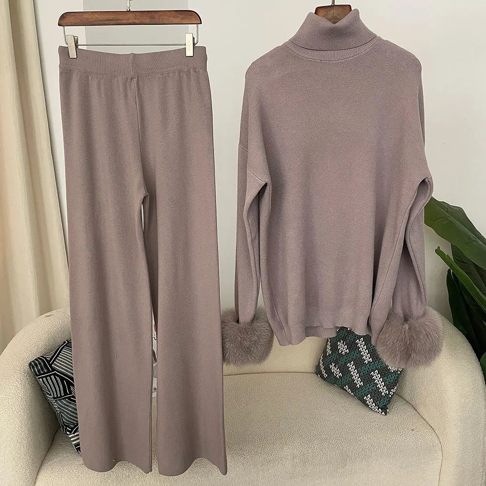 OFTBUY 2024 Neue Mode Herbst Winter Natürlicher Echter Fuchspelz-Manschetten-Mantel Gestrickter Pullover Damen Lange Hosen Set Jacke Dick Warm – Detail 6