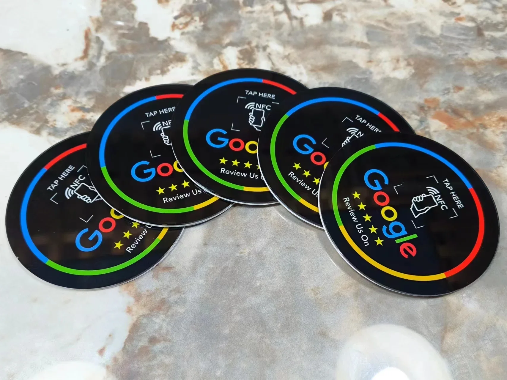 13,56 MHz programmierbares Acryl mit selbstklebender Rückseite, NFC-Tischaufkleber, Durchmesser 10 cm, Google Bewertungen, NFC-Aufkleber, NFC 215