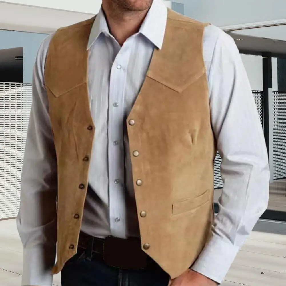 Men Old West Style Vest Old West Style Men's Collarless V-neck Waistcoat with Pockets Formal Business Suit Jacket Single