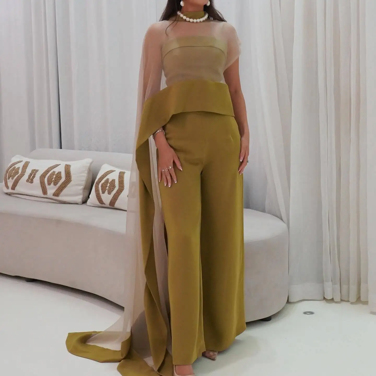 

Sexy Mesh Shawl Dress Jumpsuit Two-Piece Set Outfits Cloak Long Sleeve Slim Fits Jumpsuits Rompers Solid Color Wide Leg Pants