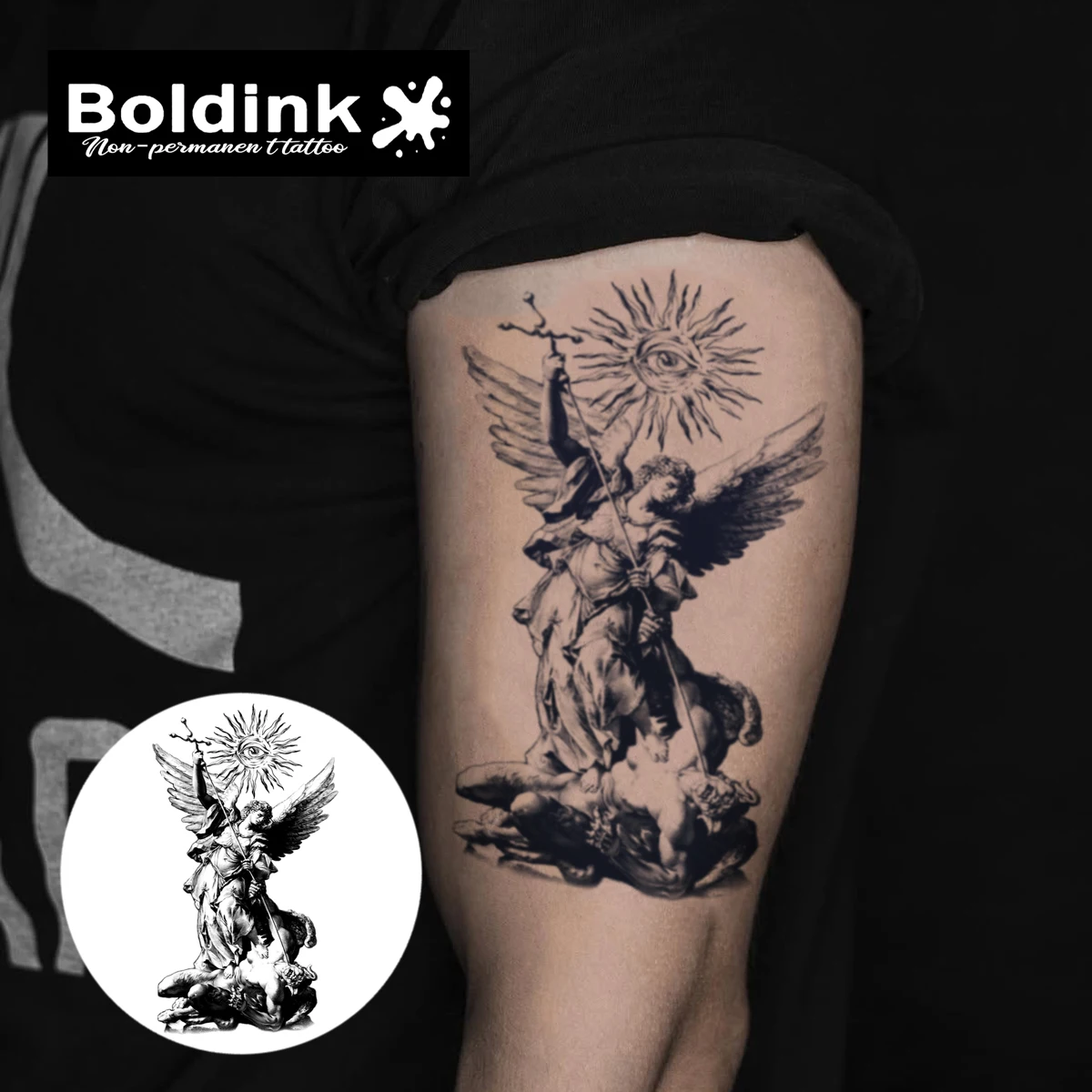 Archangel Michael Vanquishes The Demon Temporary Tattoo,Lasts To 15 Days New Technology Magic Waterproof Semi Permanent Sticker.