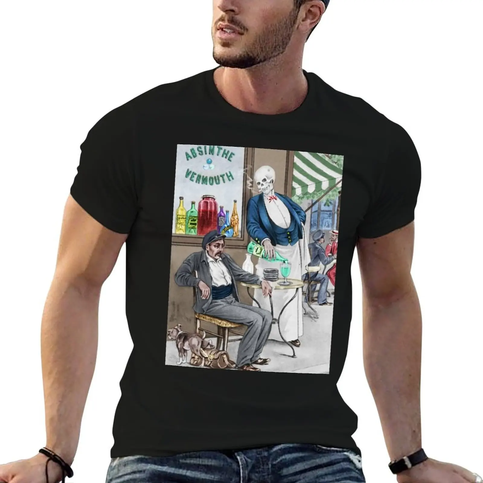 Camiseta com estampa de cartaz publicitário vintage de 1900, Absinto, Vermute, Aperitivo, Café Paris, Black Death, Skeleton Waiter