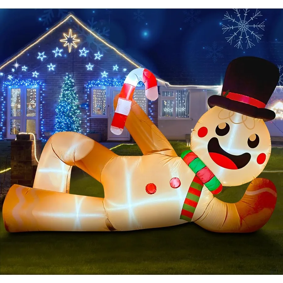 

10FT Christmas Inflatable Outdoor Decoration Giant Christmas Blow Ups Yard Decorations Inflatable Gingerbread Man Lying Flat wi