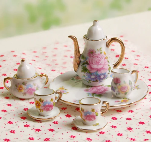 Set 8 Dolls House Miniatura Teiera tazza piatto Porcellana ceramica