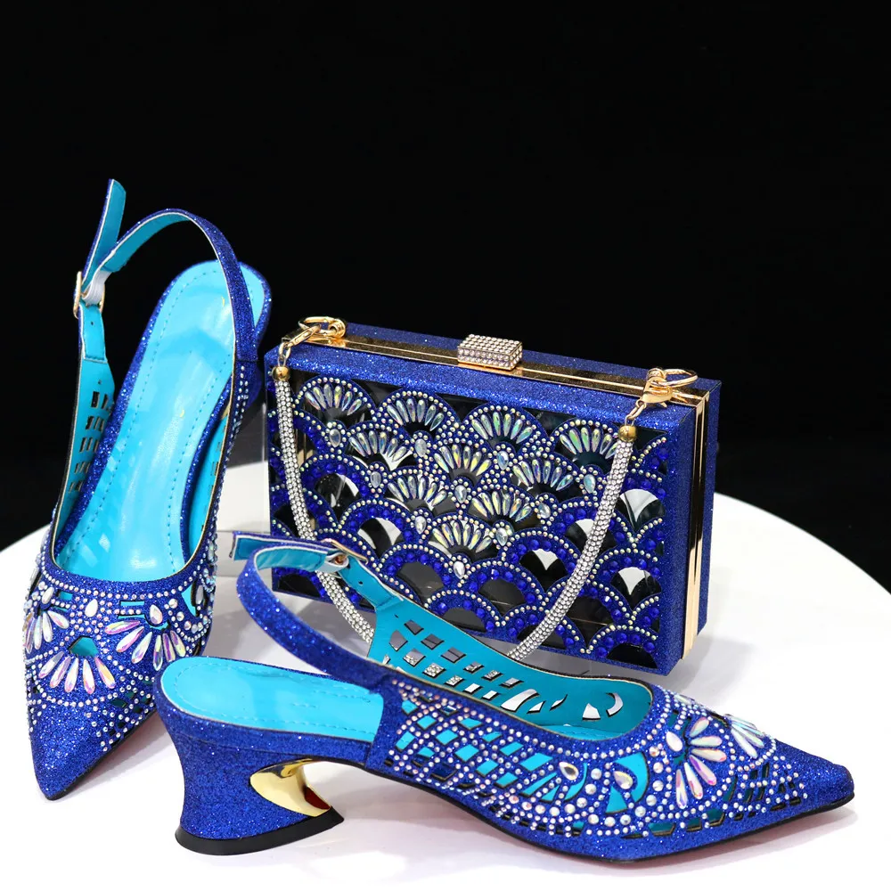 Blue Woman Shoes And Bag Set Fashion African Ladies Pumps With Handbag Purse High Heels Sandals Clutch Escarpins Femme CR533