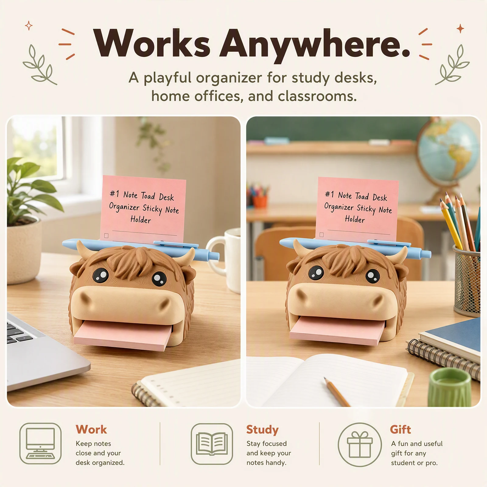 Cute Frog Sticky Note Holder Desk Organizer with Pen Slot 3x3 Sticky Notes Dispenser