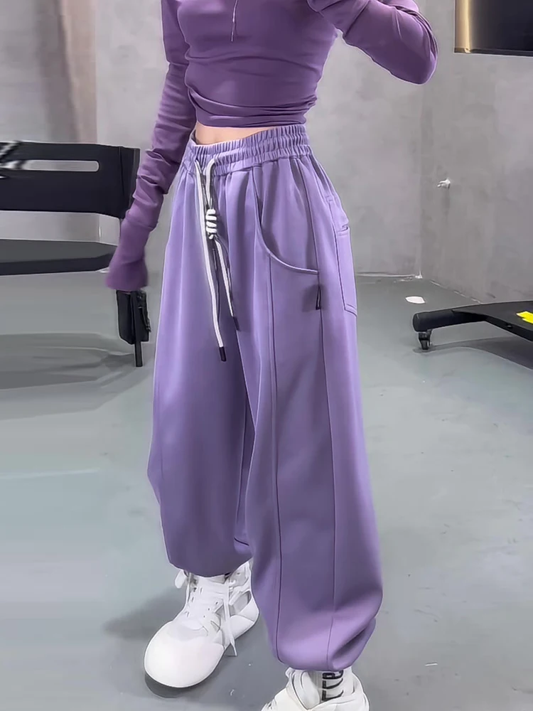 Retro americano fitn roxo fce-forrado cintura elástica solta calças esportivas femininas outono inverno longo perna larga