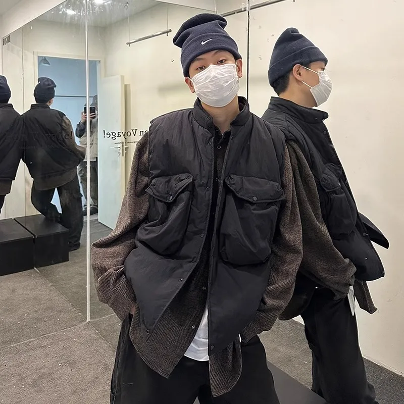 Men Parkas Vest Solid Cargo Jacket Sleeveless Vests Waistcoat Stand Neck Pockets Single Breasted Thick Y2k Streetwear Work 2026