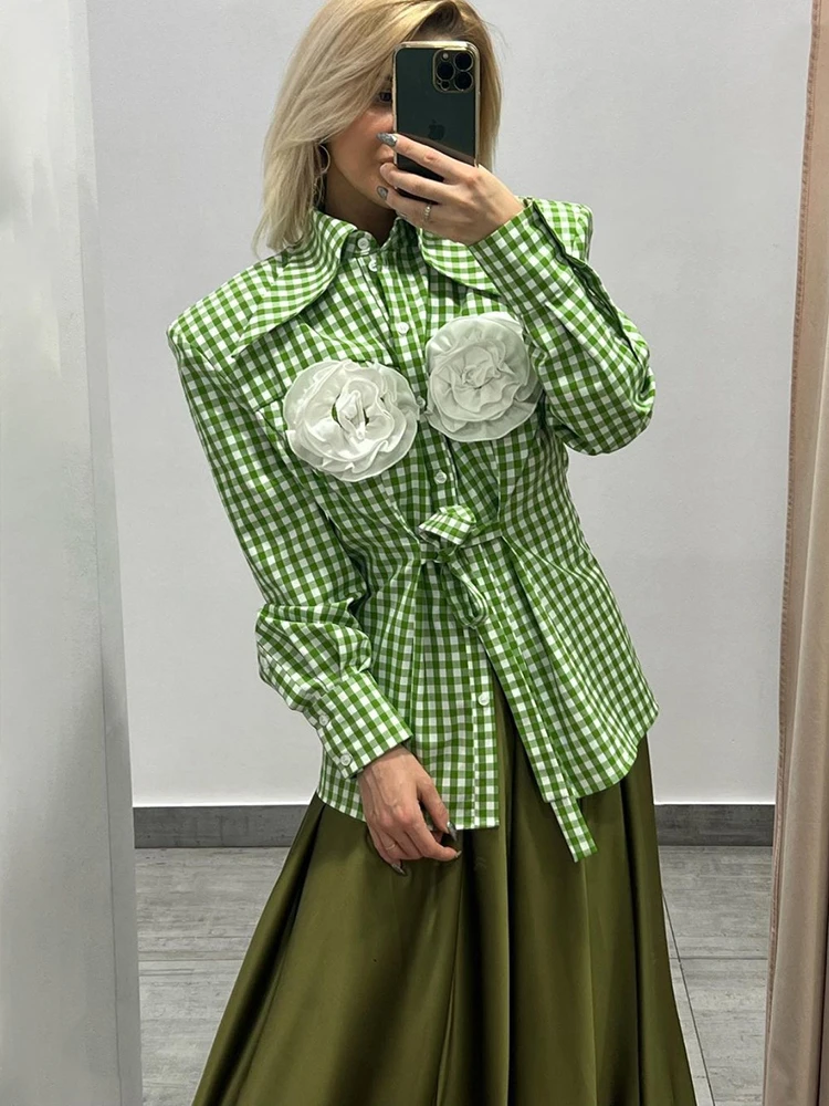 DEAT Fashion Women\'s Shirt Large Pointed Collar Waist Retraction Plaid Three-dimensional Flower Blouses Autumn 2024 New 17A9881