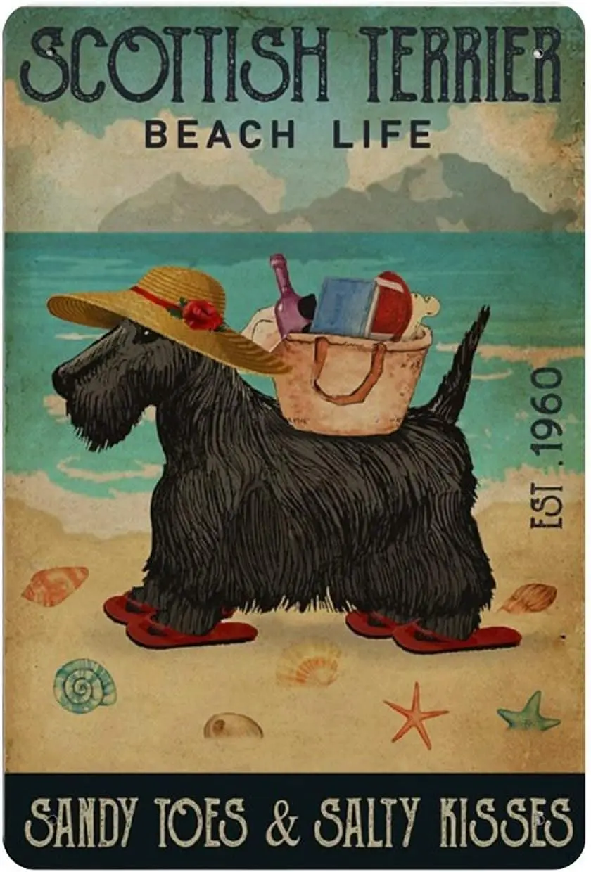 Scottish Terrier Beach Life Metal Tin Sign, Fun Bathroom Vintage Tin Signs Office Bar Sign Man Cave Decor Cafe Farmhouse Wa