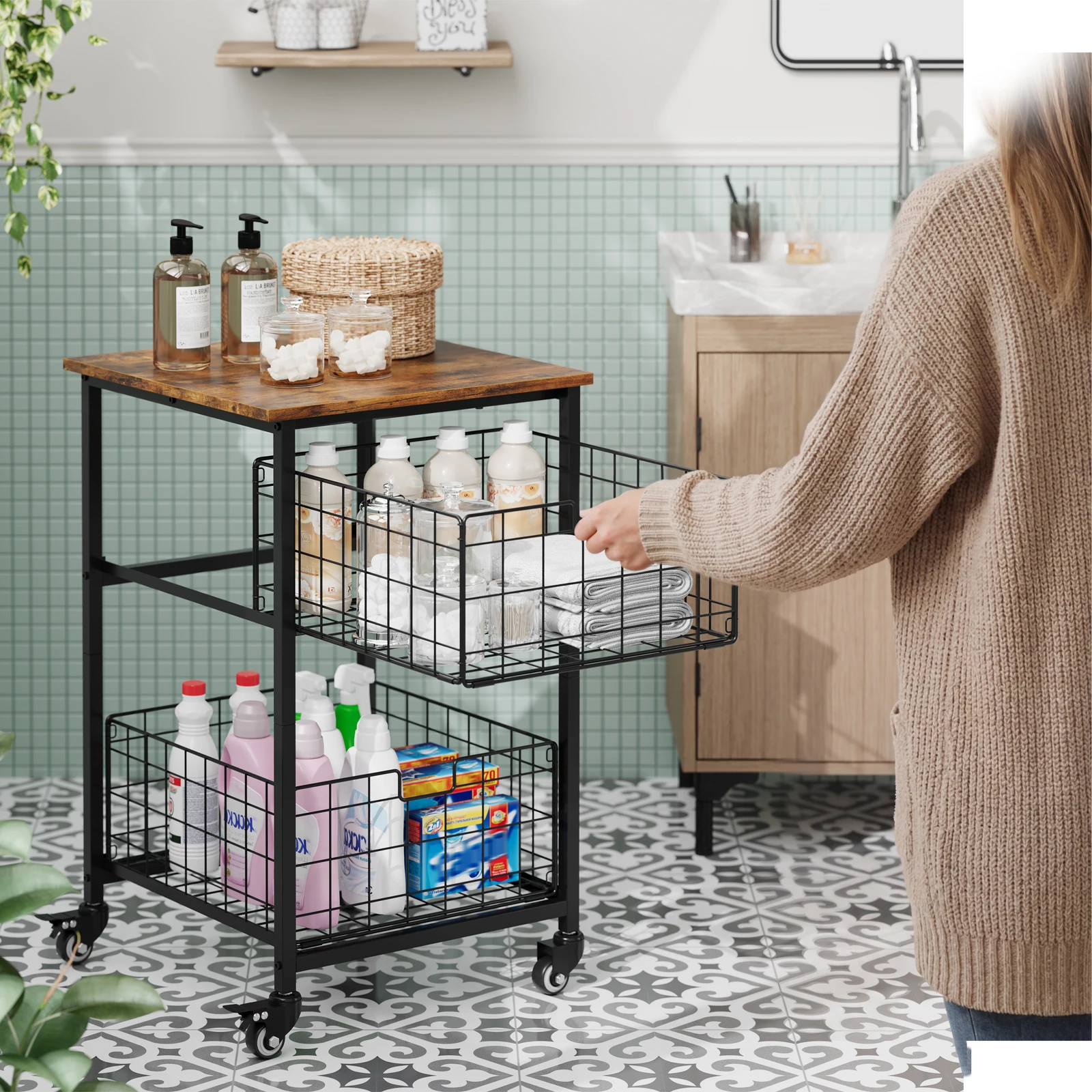 Mini Fridge Stand with Storage Shelf – 300 lbs Capacity Rolling Cart for Dorm, Kitchen, Office – Fits Microwave & Mini Refrigerator – Iron Black + Wood Vintage