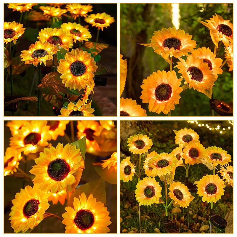 Solar Sunflower Lights 1/3 Head Simulated Flower Garden Stake Outdoor Waterproof LED Landscape Decor for Yard Lawn Patio
