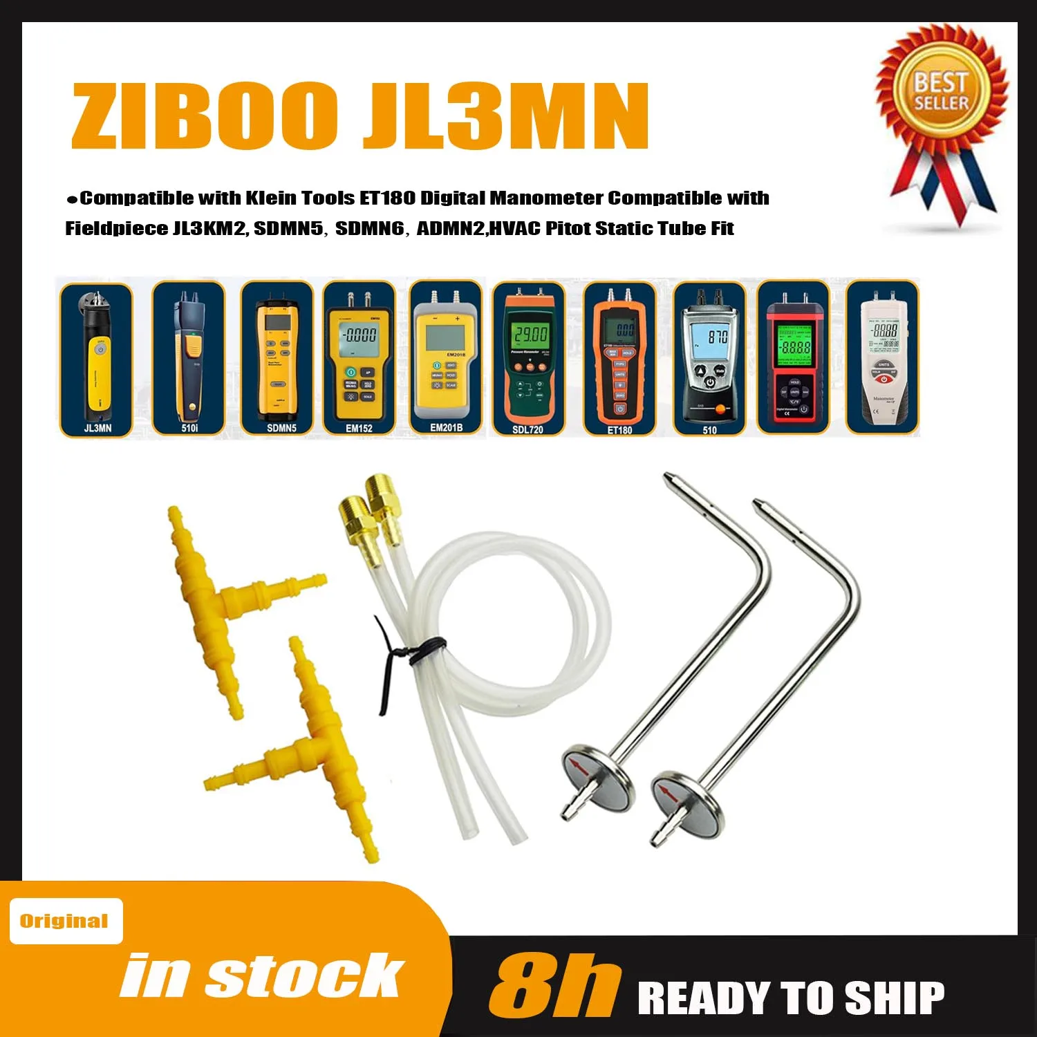 ZIBOO JL3MN manometersonde-set, compatibel met de digitale manometer ET180, geschikt voor gebruik in HVAC-systemen en voor het meten van statische druk.