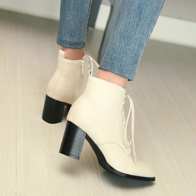 Fashion Ankle Boots for Women Casual Lace Up Autumn Spring Short Boot Female Thick Med Heel Black Red Shoes Lady Big Size 45 46