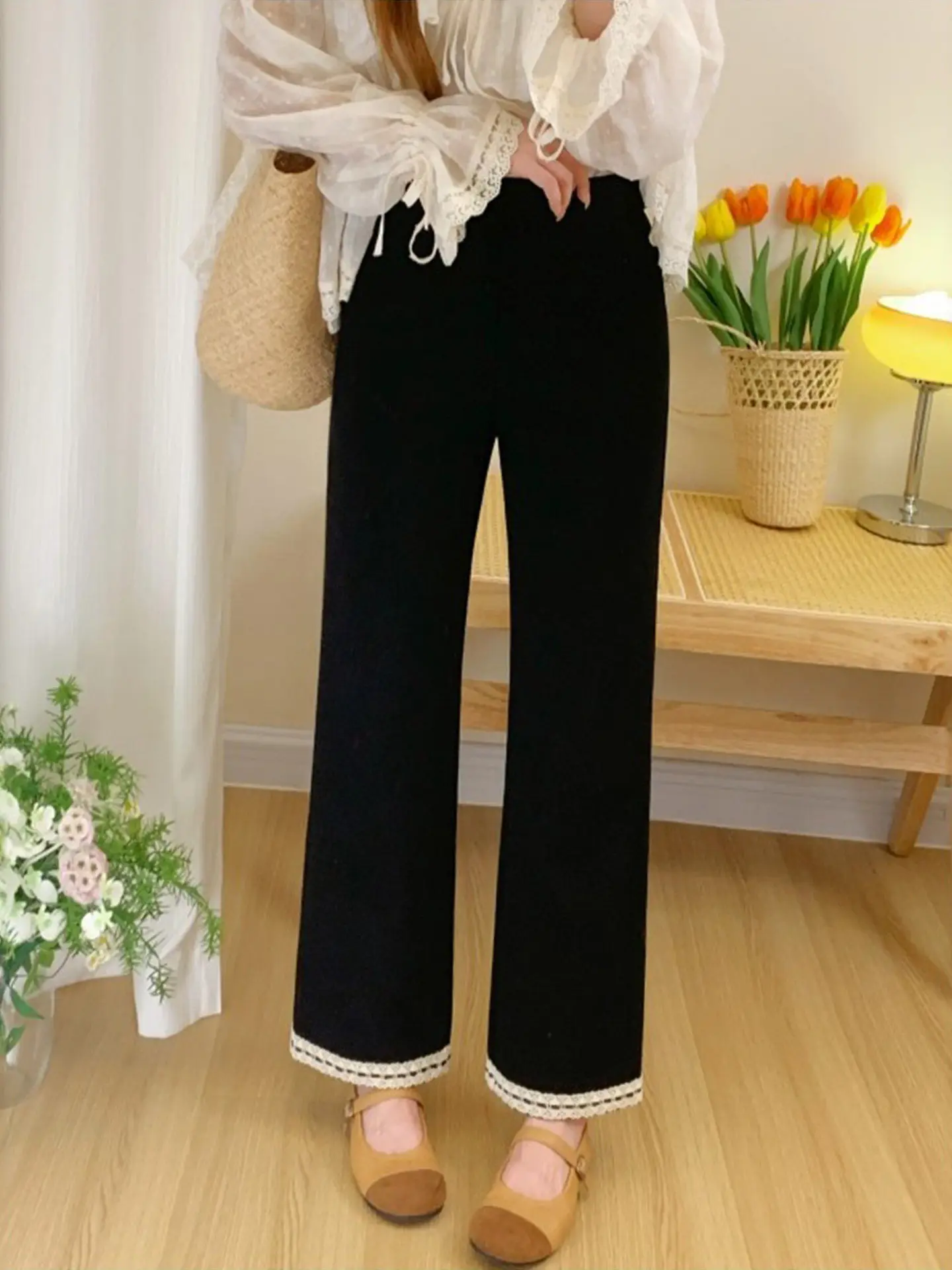 Black Lace Casual Pants Women's Slim Fit Nine Points Thin Elastic Straight Leg Pants Summer Lightweight plus Size High Waist ...