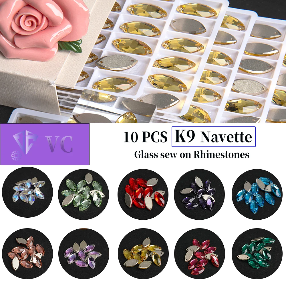 VC K9 Navette 10 peças de Strass de Cristal de Vidro de Qualidade Superior para Costura, Pedras de Strass de Base Plana para Vestuário e Apliques de Vestido de Noiva