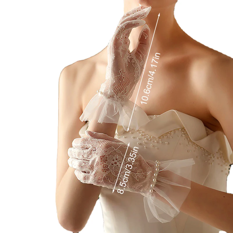 Elegant Wedding Bridal Short White Gloves Breathable Tulle Lace Gloves Pearls Ruffle Edge Party Mittens Wedding Accessories