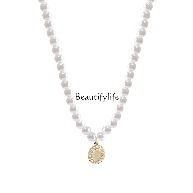 French retro opal pearl necklace neck chain women's light luxury niche high-end collarbone chain