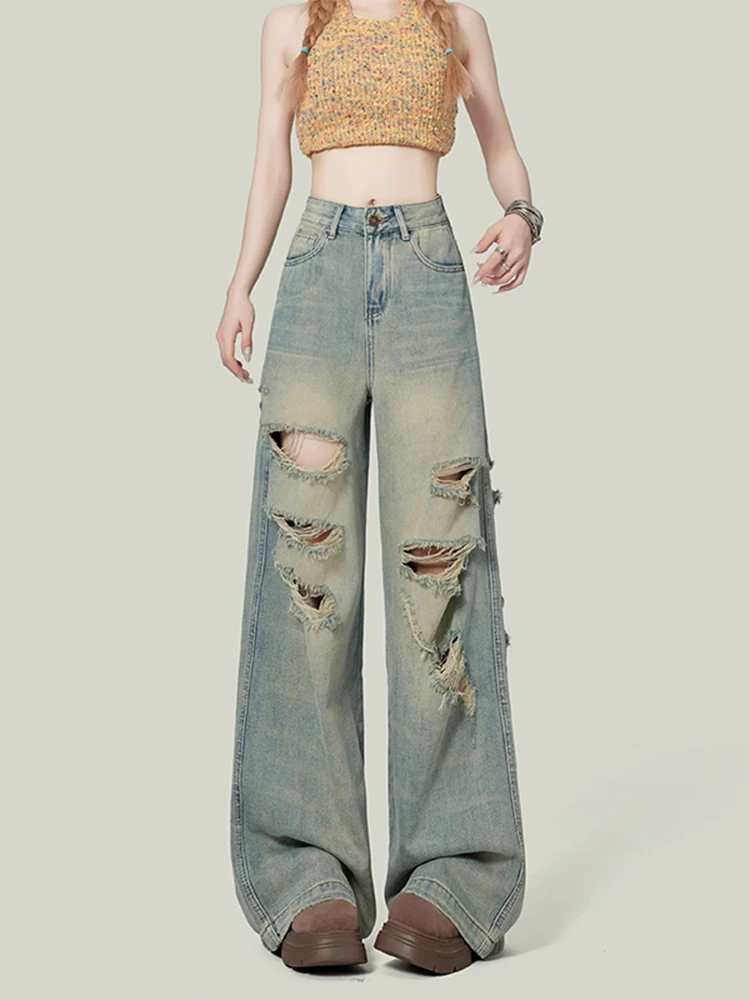 

Американские джинсы High Street с широкими штанинами, женские летние свободные брюки с высокой талией, прямые брюки длиной до пола, смесь хлопка