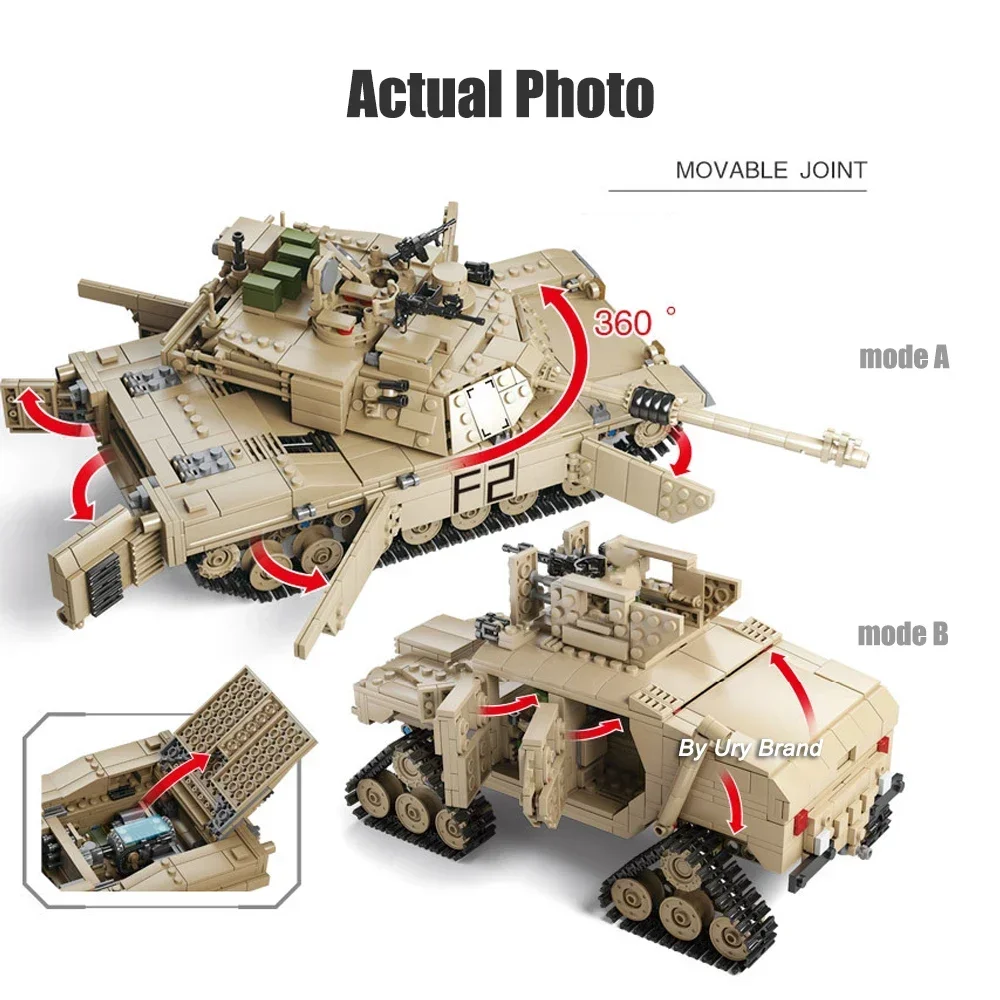 2in1 WW2 Military M1A2 Abrams MBT Tank Model Army Cannon Chariot Set Soldier Figures DIY Building Blocks Toys for Boys Kids Gift