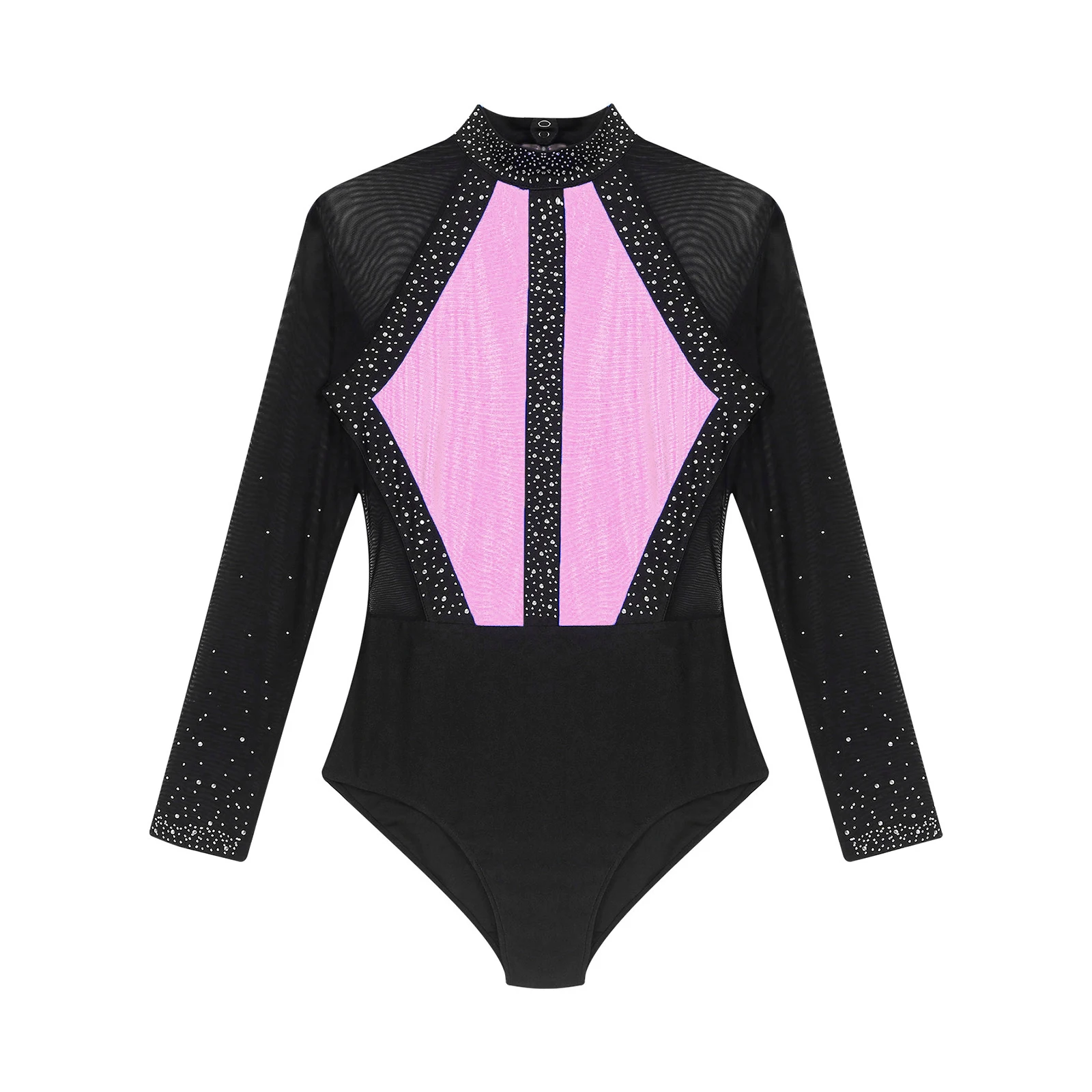 Women Long Sleeve Rhinestone Figure Skating Bodysuit Ballet Dance Rhythmic Gymnastics Acrobatics Leotard Performance Dancewear