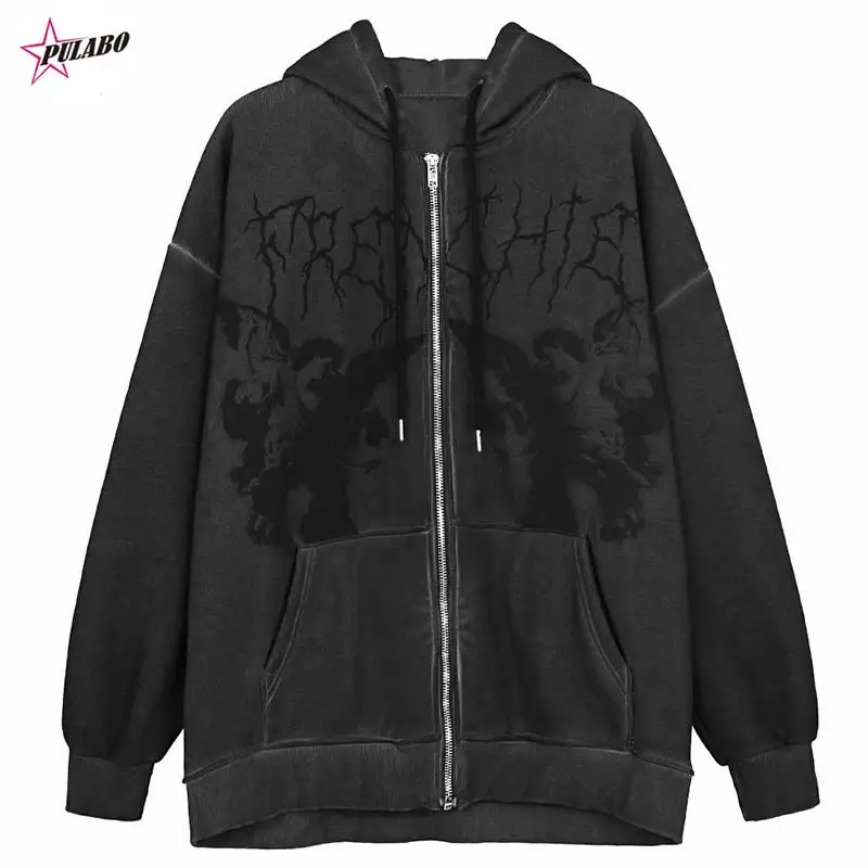 Women Hip Hop Streetwear Hoodies Women Jacket Angel Dark Print Jacket Coat Goth Harajuku Y2k Clothes Punk Jacket Outwear Zipp