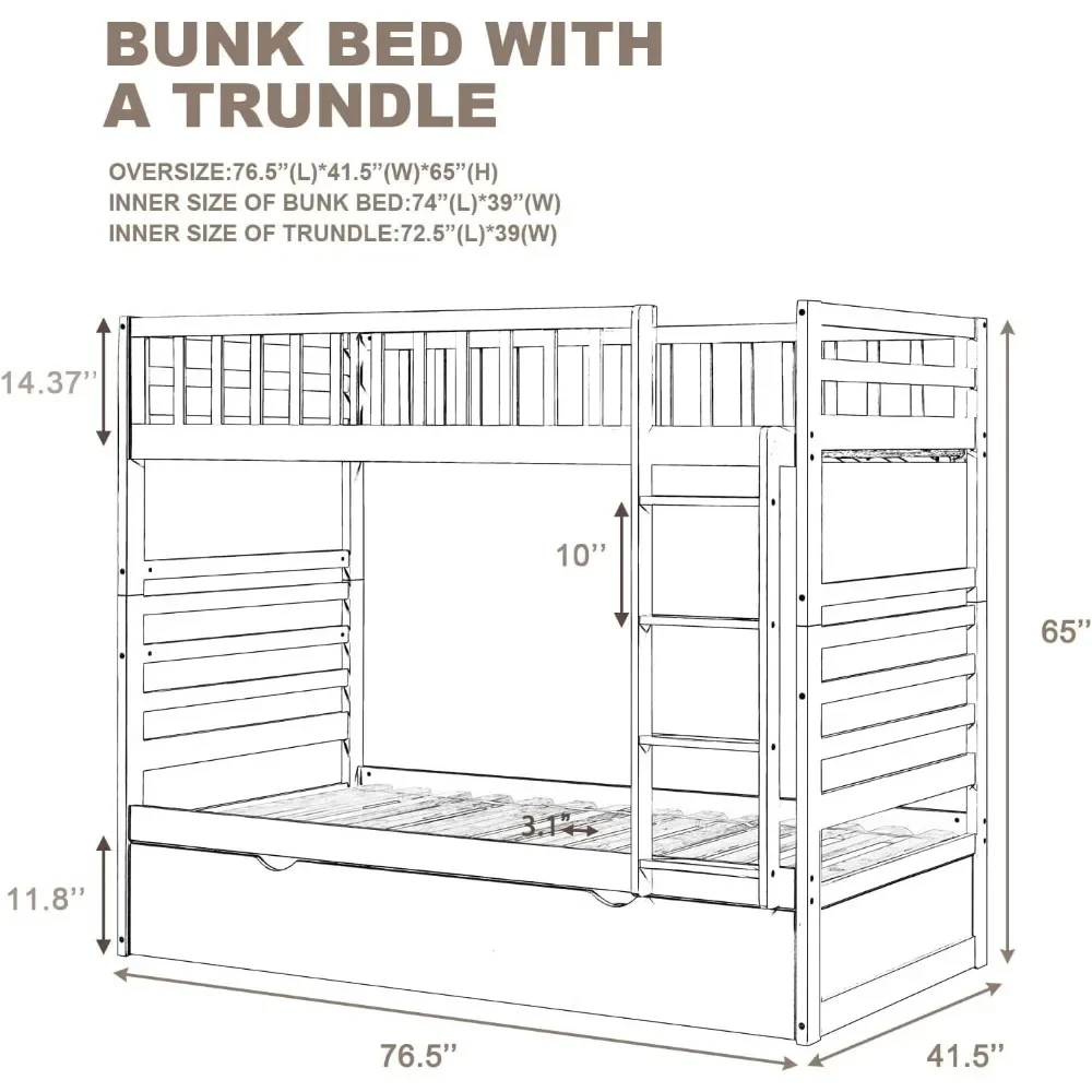 Twin Over Twin Bunk Bed with Trundle and Safety Rail, Wooden Convertible Bunkbed can be Separable into 2 Platform Bed frames