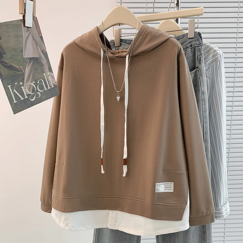 

Повседневная свободная футболка с капюшоном Long Sve, цветная блузка, контрастный дизайн, антивозрастная осенне-зимняя новинка, однотонная уличная одежда