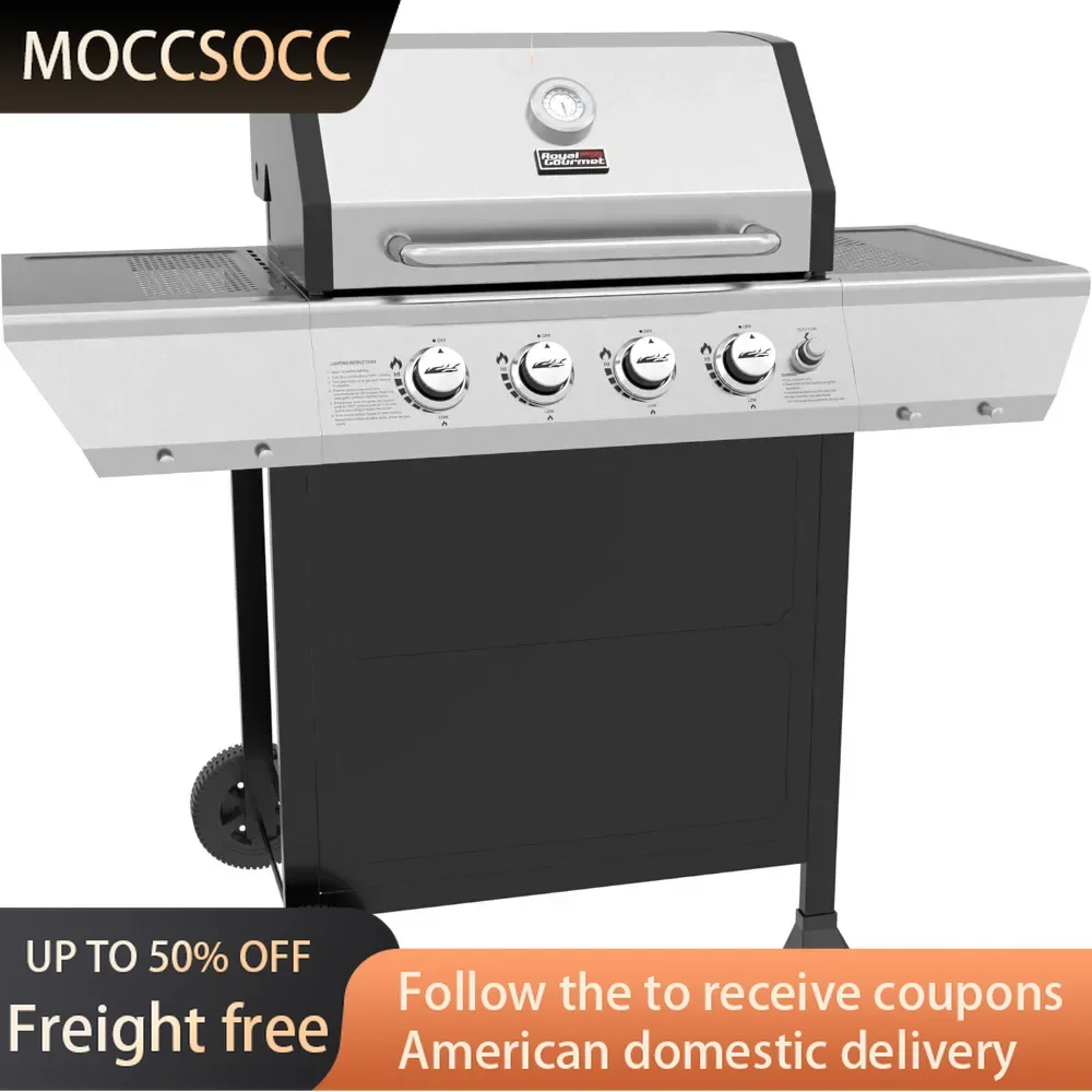 

4-Burner BBQ Propane Gas Grill With Stainless Steel Upper Lid Kamado Grill Accessories，34,000 BTU Output, Black Silver