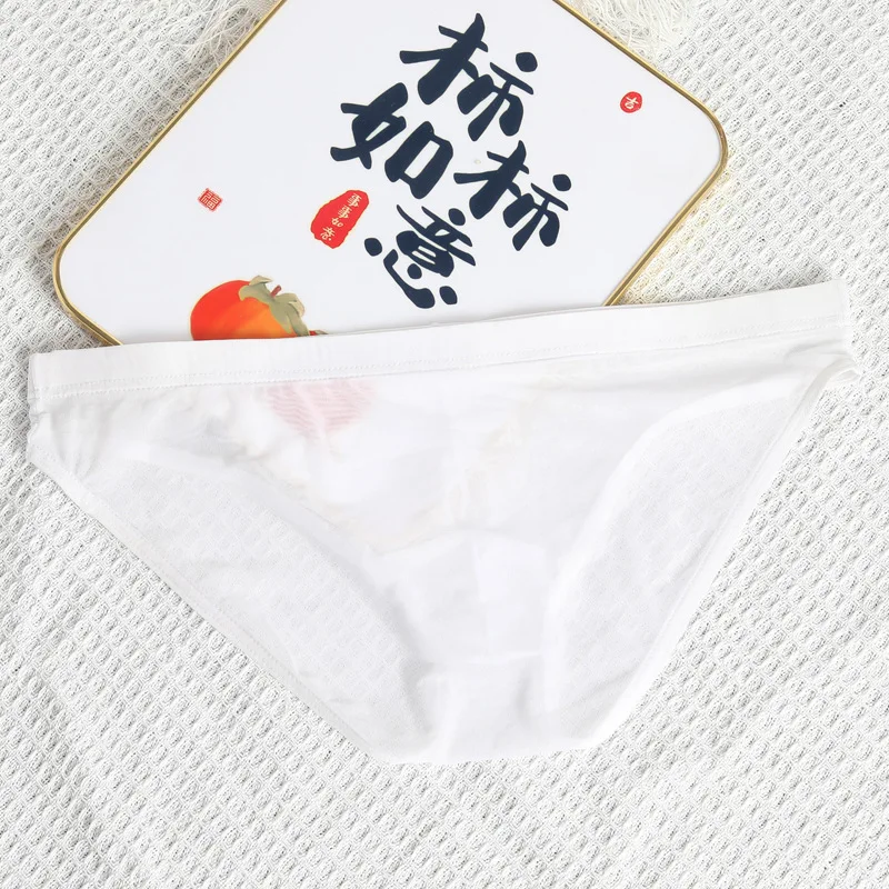 Solid-colored thin transparent mesh ice silk underpants, breathable and fashionable low-waisted triangular pants for young men