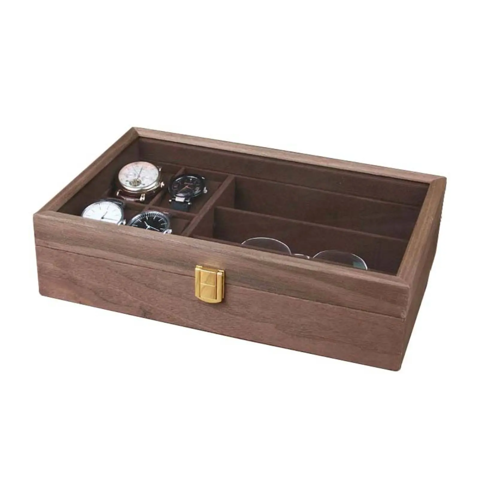 4 Compartment Watch 3 Compartment Glasses Holder Dustproof Wooden Watch and Glasses Box Walnut Wood Jewelry Organizer High-Grade