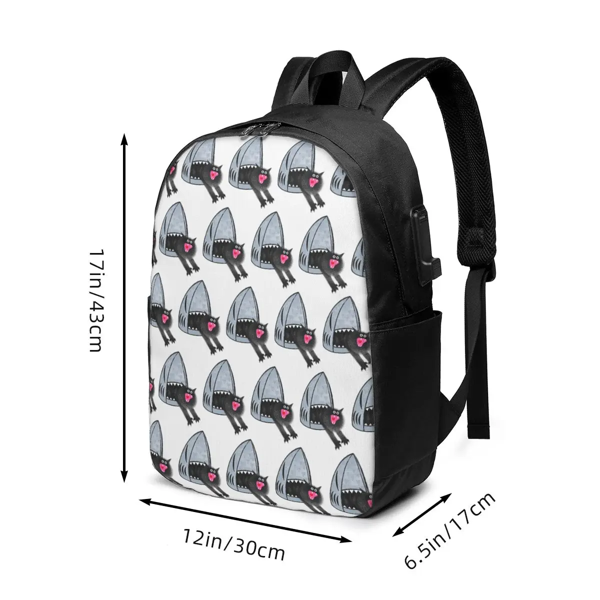 Funny Black Cat And Shark Backpack Travel Notebook Bag Computer College Student School Bag Laptop Shoulder Bags for Men Women