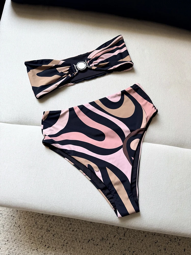 Summer Fashion Beach Style Geometric Print Sexy Bikini Set Women's Metal Buckle Strap Ultrashort Strapless + Low-waist Shorts