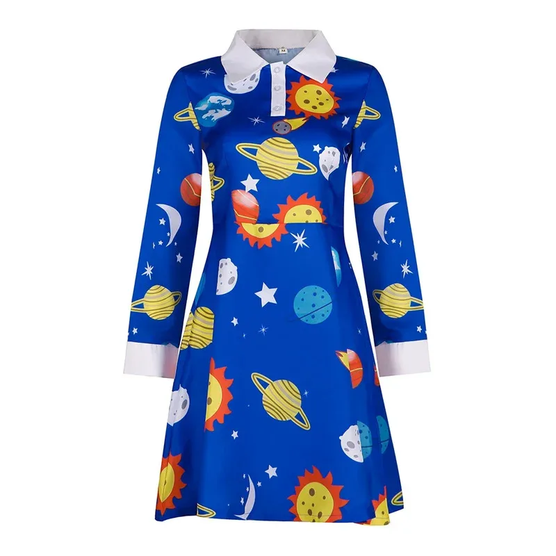 The Magic School Bus Miss Frizzle Costume Women Halloween Costumes Teacher Cosplay Outfit Vintage Blue Long Sleeve Dress goi/6