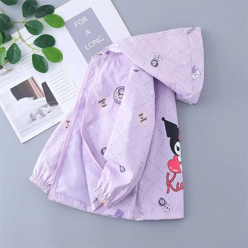 Giacca Sanrio Kuromi Nuovo stile Personaggio anime Protezione solare Cerniera con cappuccio Primavera Autunno Giacca da bambino moda manica lunga per bambini