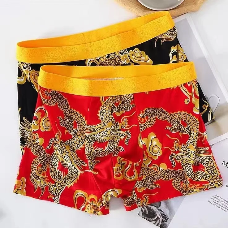 Sous-vêtements classiques à motif de dragon pour hommes, quatre saisons, short empereur chinois, homme chanceux et drôle, boxers à entrejambe en U,