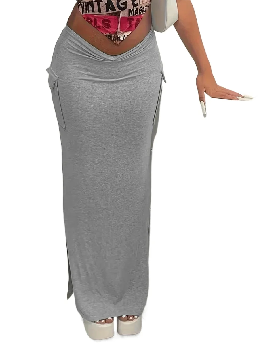 Women Casual Grey Knitted Cargo Maxi Skirt Y2K Bodycon Dropped Waist Slim Pencil Skirt Ankle-Length with Pockets Sexy Outfits