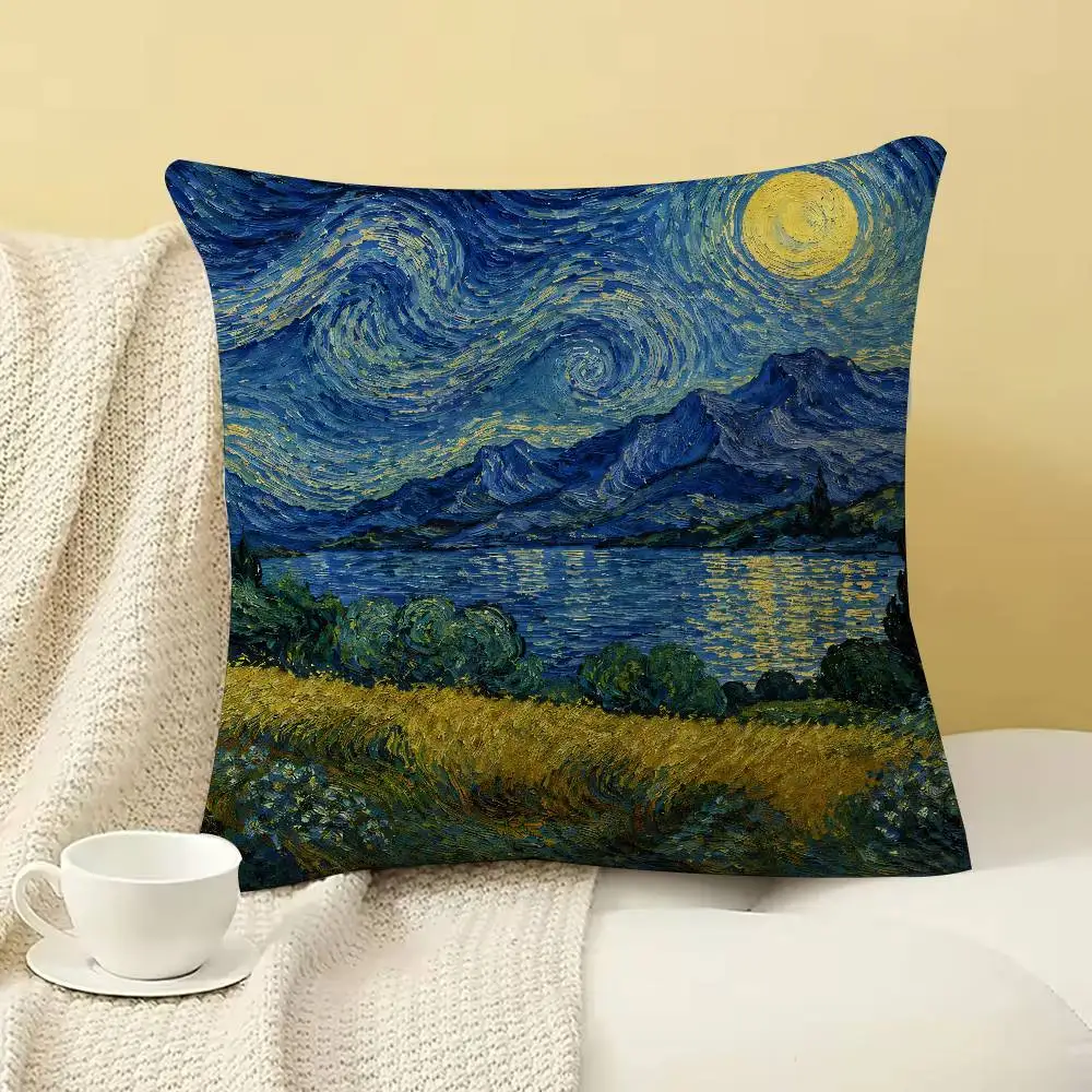Starry Night Style Throw Pillow Cover, Impressionist Blue Swirl Moon Landscape Cushion Case Art Painting Sofa Bedroom Home Decor