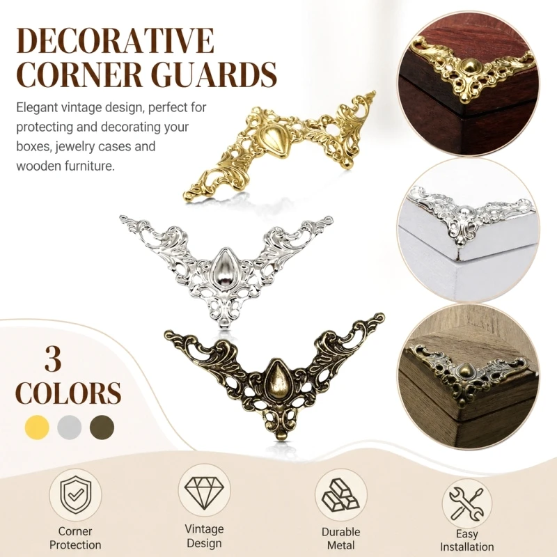 12pcs Decorative Corner Protector Guard for Jewelry Box Wooden Chest Album Scrapbook Photo Frame Edge Cover Brass