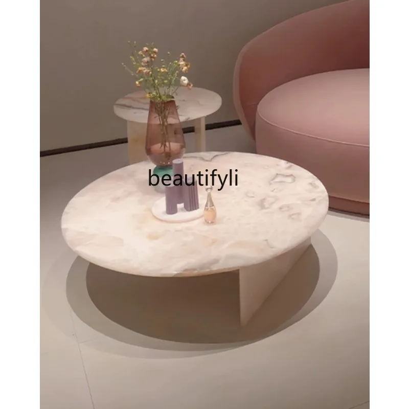 Natural marble coffee table combination light luxury living room pink crystal jade coffee table