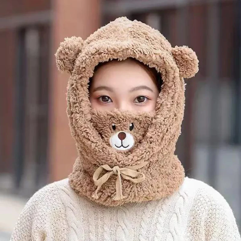 Winter Cute Cartoon Bear Lamb Plush Warm Solid Panda Caps Scarf Set Mask Thickened Protection Ear Hat Women Girl New Year Gift