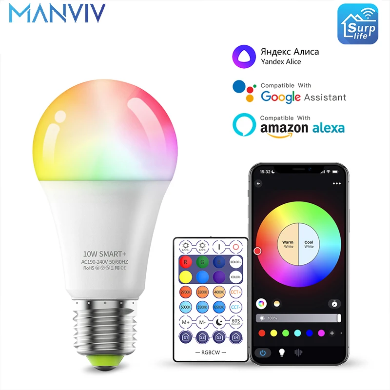 

MANVIV LED Smart Bulb 10W RGB Colorful Lamp Blub APP Remote Voice Control Dimmable LED Light Bulb for Living room Home Decoratio