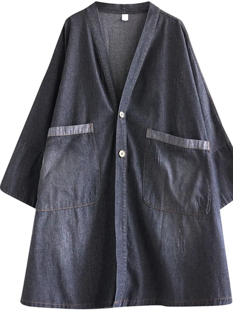 Denim Oversized Autumn Trench Coat Women Loose Ruffle Pleated Fashion Retro Ladies Jackets Long Sleeve Woman V-Neck Coats
