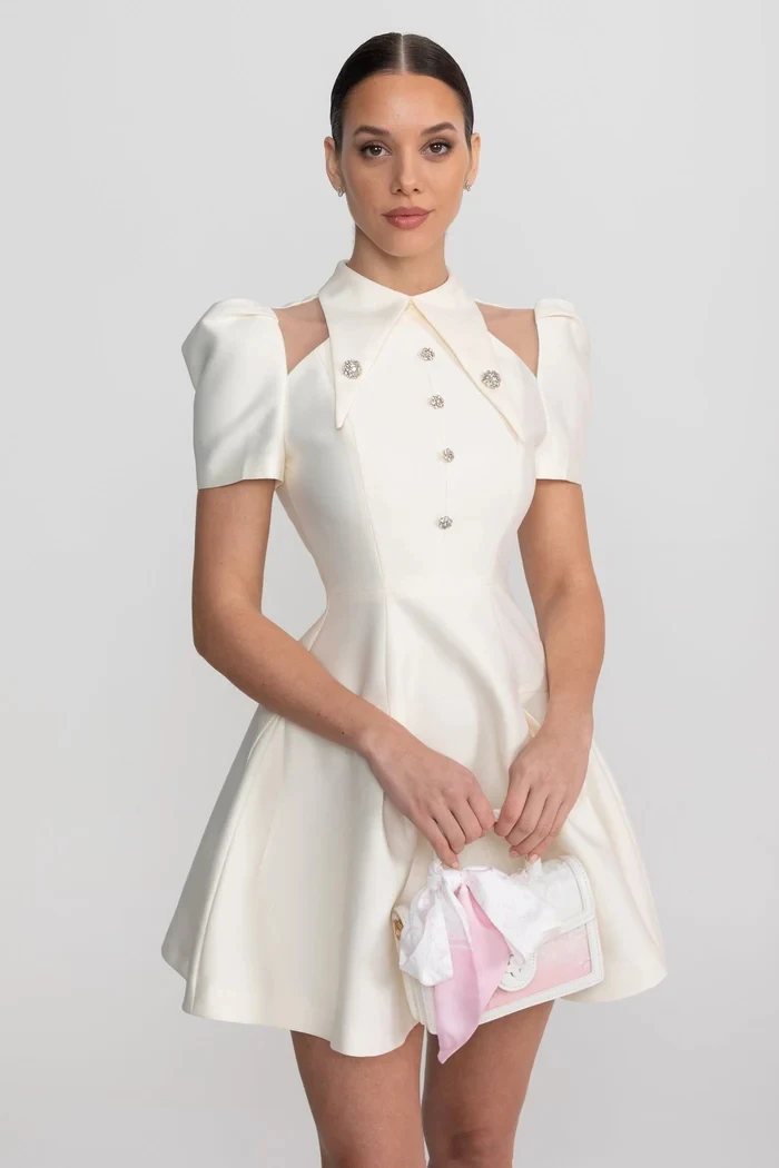 

Women's High Collar Short Sleeve Prom Dresses with Fashion Button Satin A-line Mini Evening Gowns Customized Party Dress