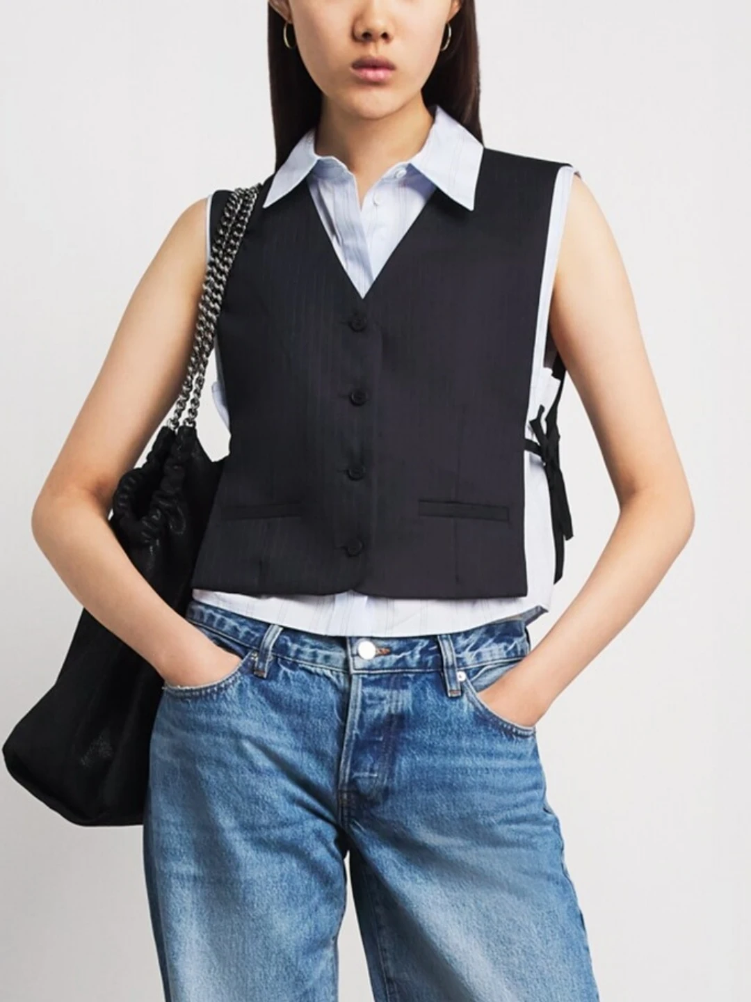 Japanese College Style Women's Suit Vest Dark Patterned Waist-Cinching V-Neck Commute Short Length Layering Uniform Vest