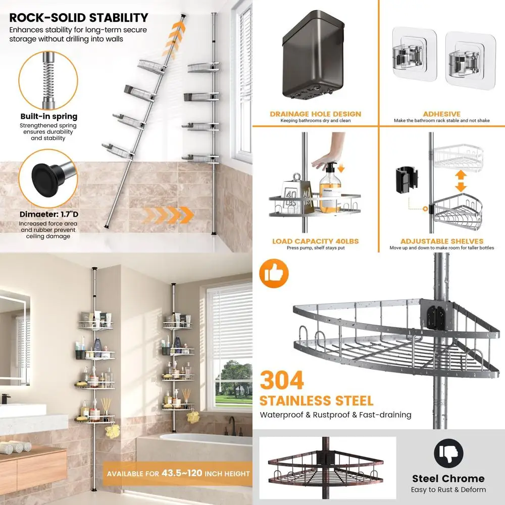 

Adjustable 4-Tier Shower Caddy - Rustproof Corner Organizer for Bath Shelves, 43.5-120 Inch