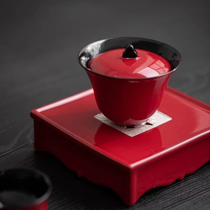 

Chinese Red Ceramic Tea Tureen Chinese Household Tea Bowl Anti Scalding Hand Grip Lid Bowl
