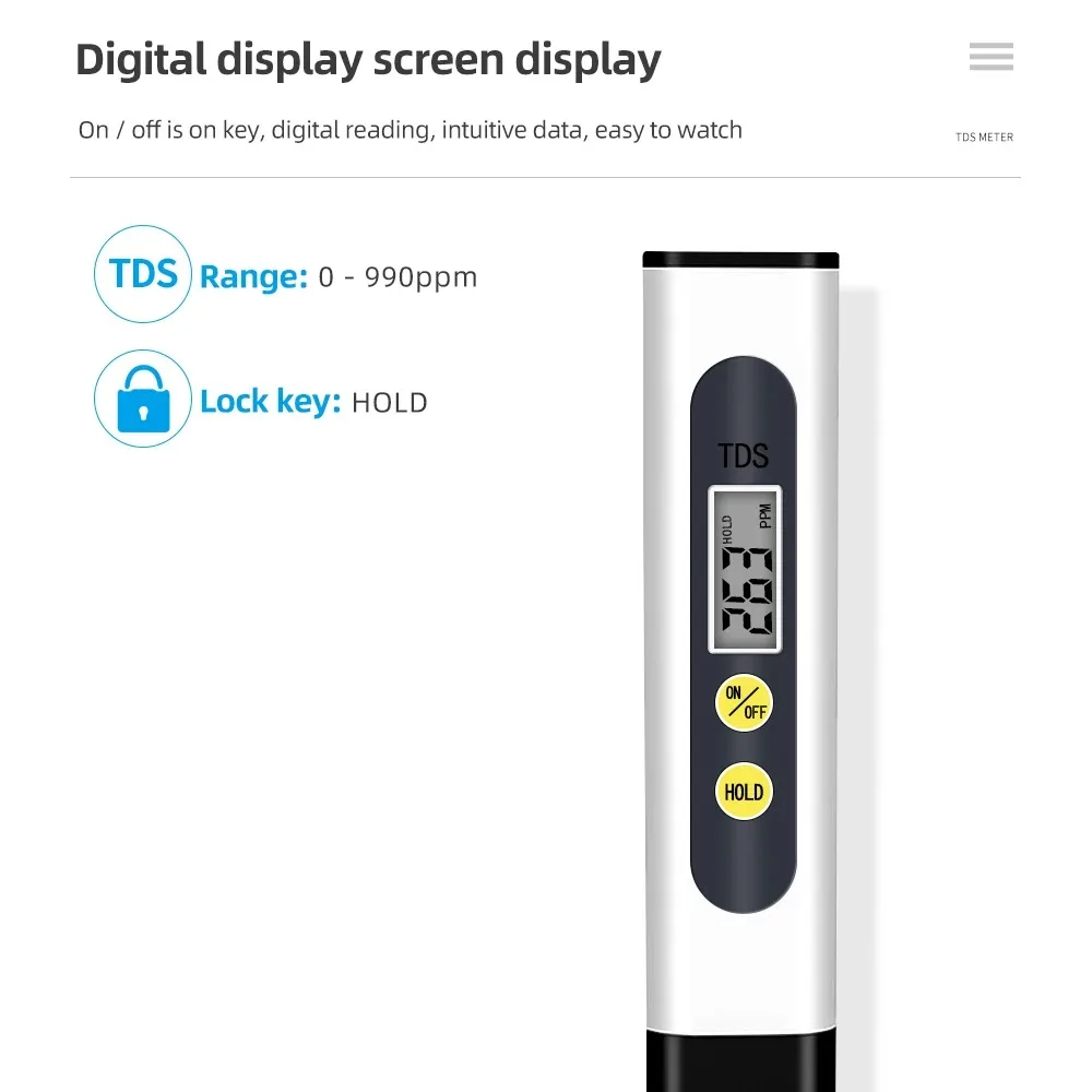 TDS Meter Digital Water Quality Tester Automatic Correction Portable Cute 0~990ppm Measurement Range for Aquariums